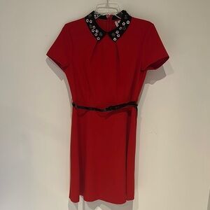 Elle Women’s size 8 Trendy Red Dress with Embellished Collar, Belted